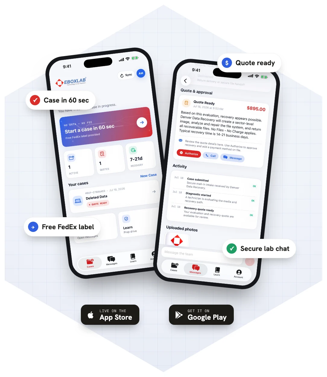 Denver Data Recovery app on iPhone — case tracking and recovery quote screens